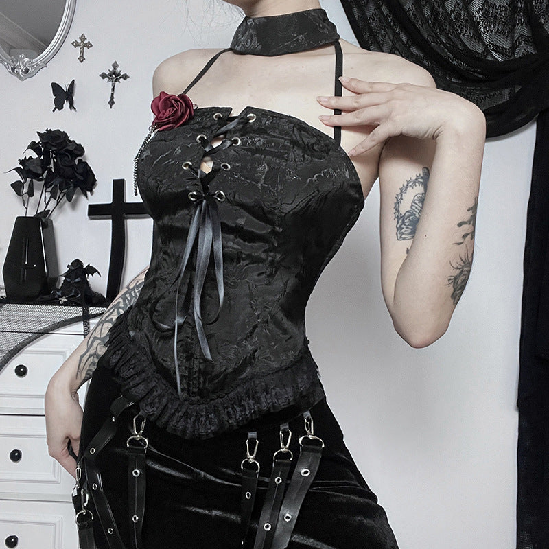 Gothic Black Rose Corset Halter Top CF22252