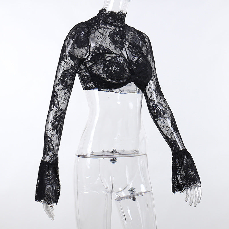 Gothic Black Rose Lace Crop Top CF23079