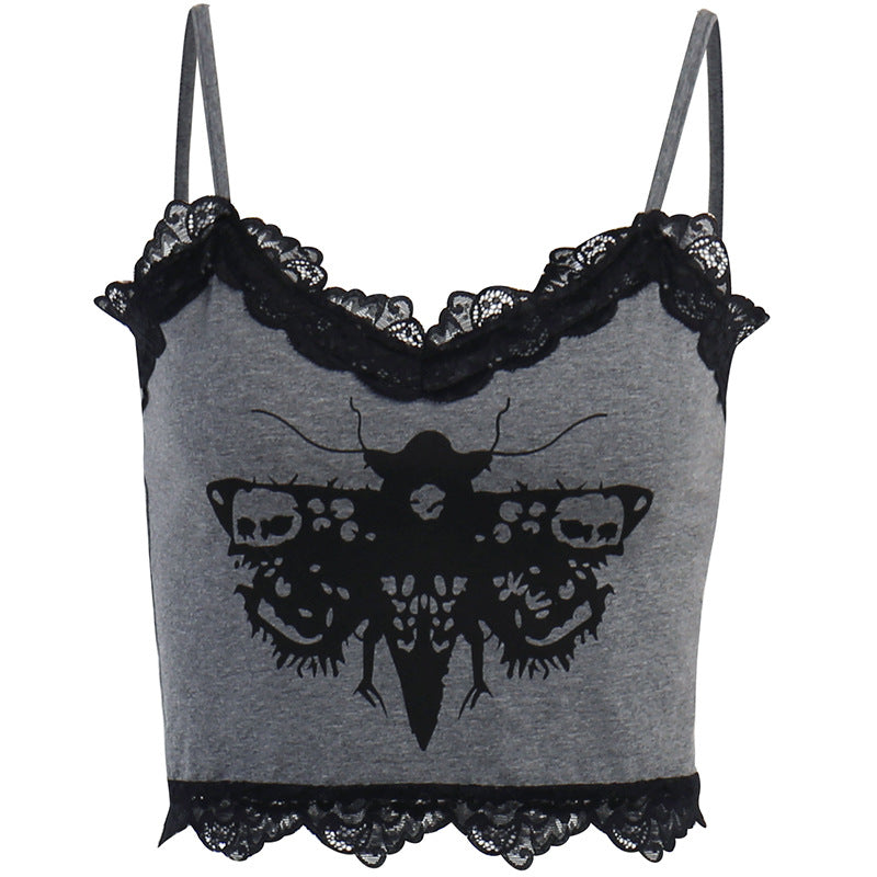 Black Gothic Moth Print Strap Top LL22011