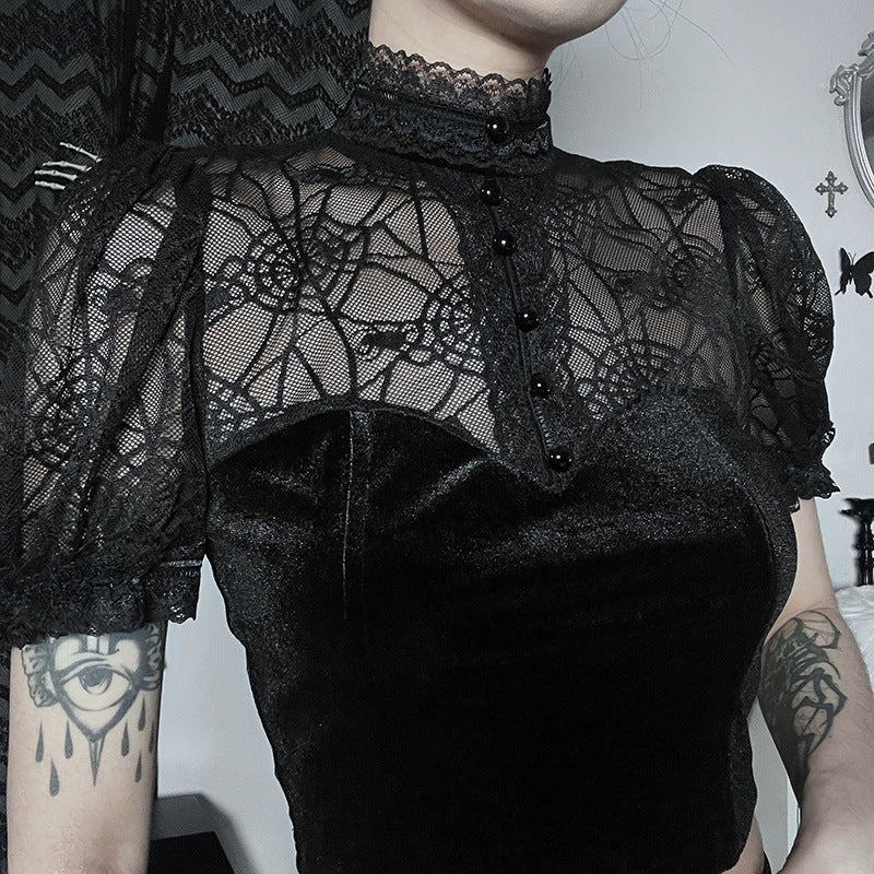 Gothic Spider Web Short Sleeve Crop Top CF23024