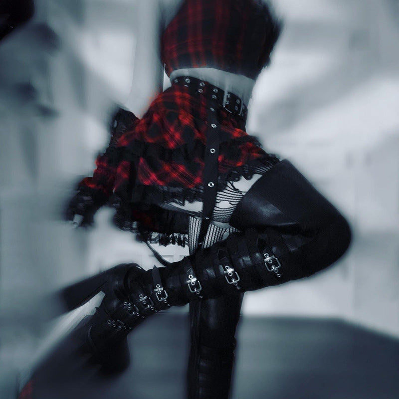 Punk Style Plaid Top & Skirt Set JY21550