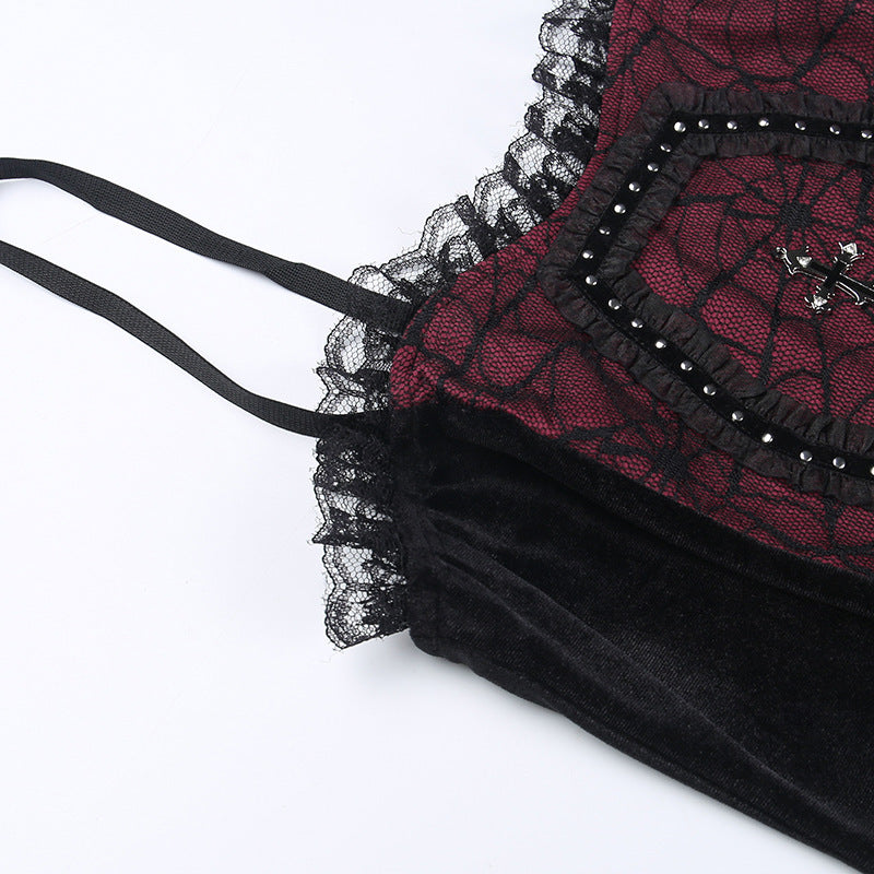 Gothic Style Black & Red Spider Web Cross Strap Top CF22183