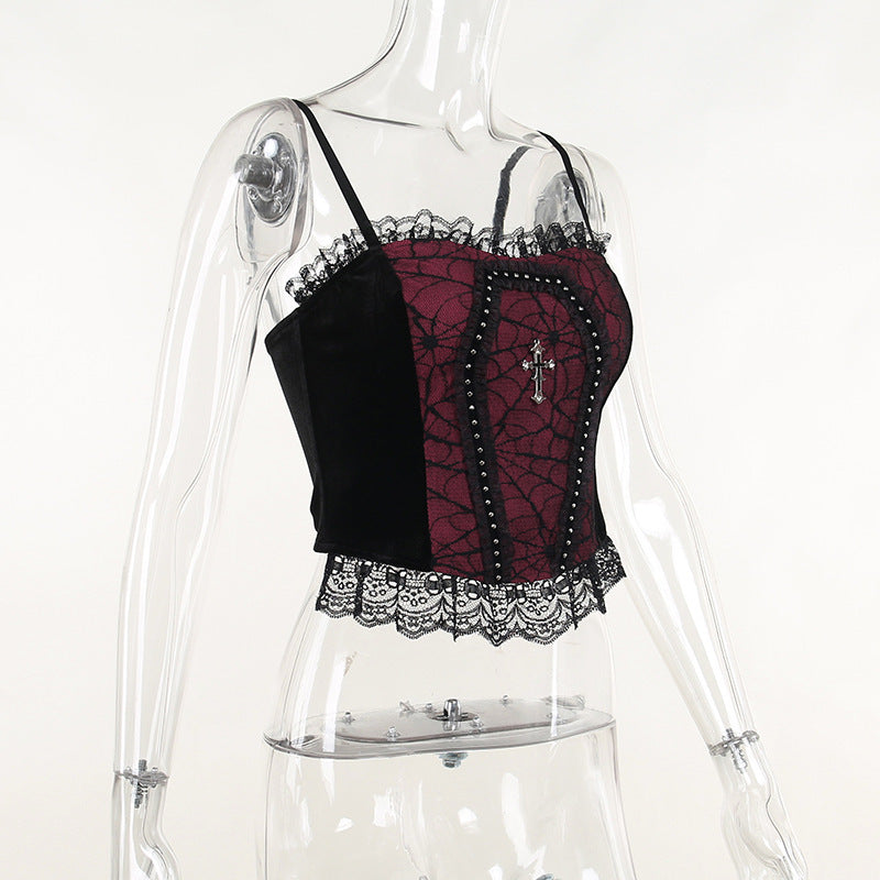 Gothic Style Black & Red Spider Web Cross Strap Top CF22183