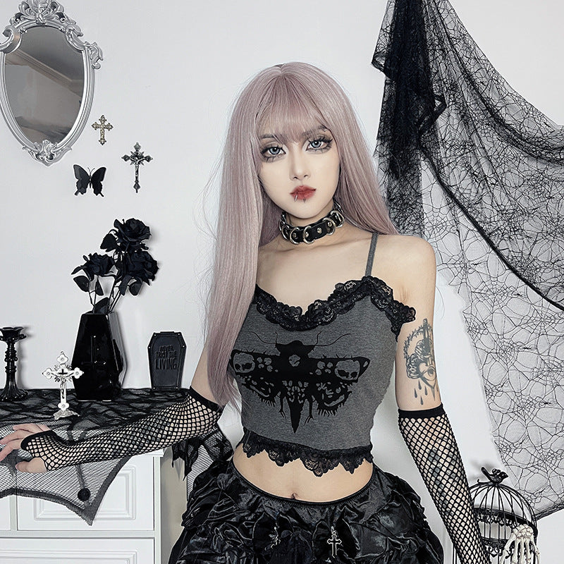 Black Gothic Moth Print Strap Top LL22011