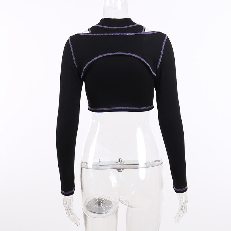 Punk Style Black Long Sleeve Fake Two Piece Crop Top YL22073