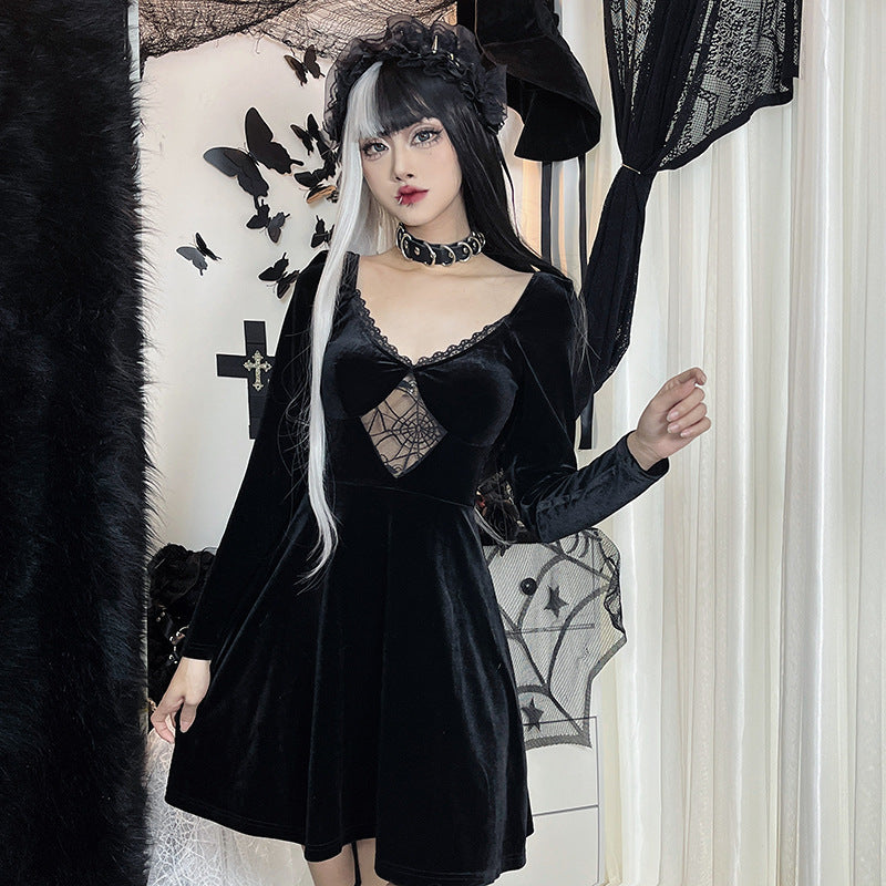 Gothic Style Velvet Spider Web Long Sleeve Dress JY22298