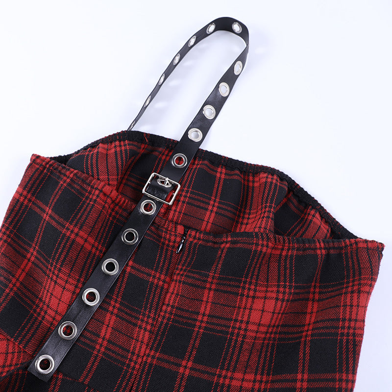 Punk Style Red Plaid Strapless Dress CC22242