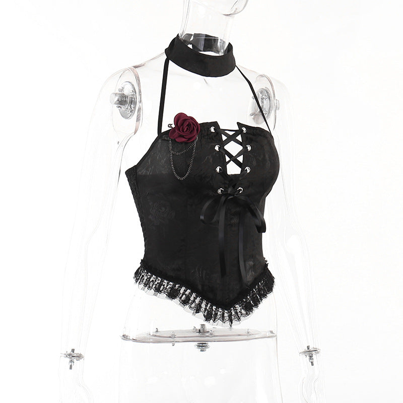 Gothic Black Rose Corset Halter Top CF22252