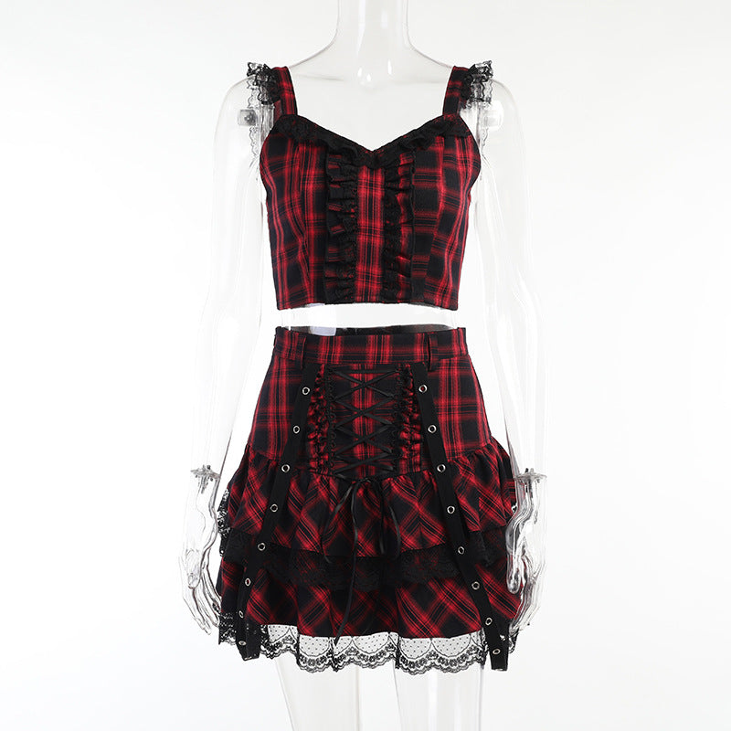 Punk Style Plaid Top & Skirt Set JY21550