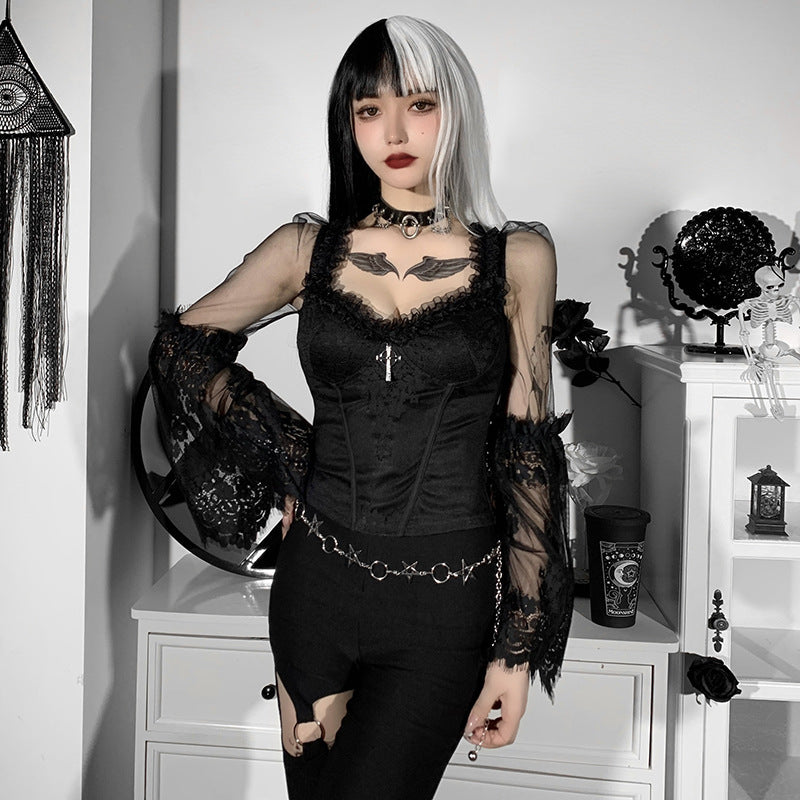 Black Lace Sleeve Gothic Long Sleeve Top HY21507