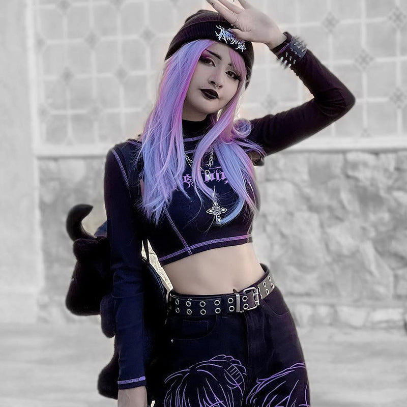 Punk Style Black Long Sleeve Fake Two Piece Crop Top YL22073