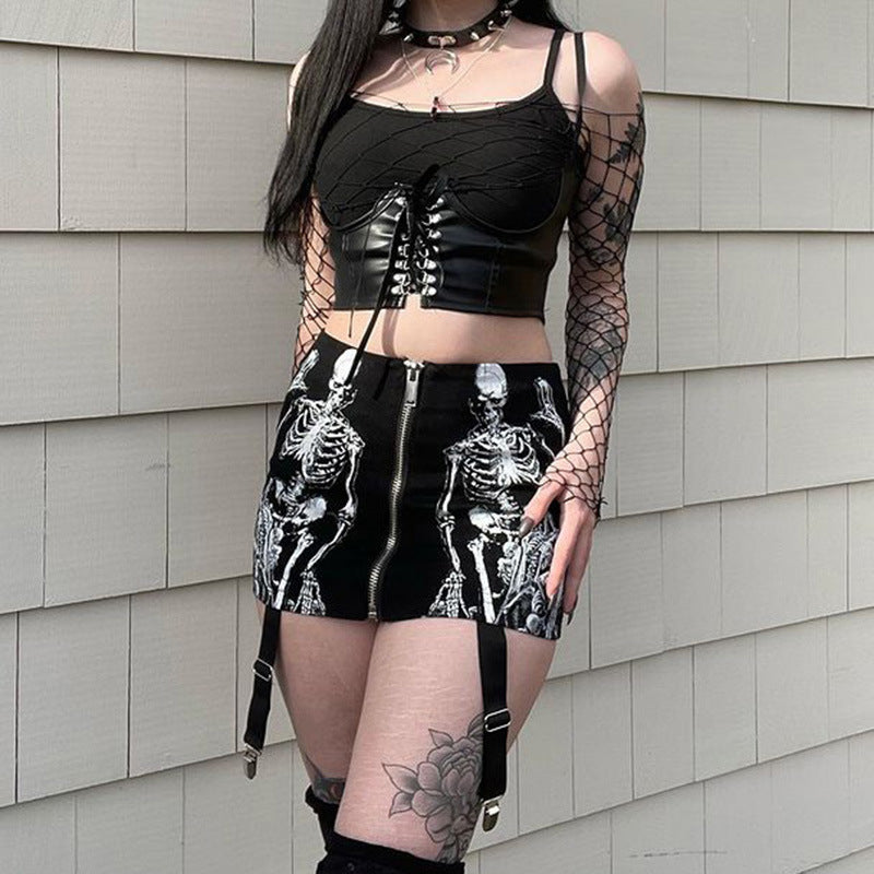 Black Skull Print Gothic Skirt CF23016