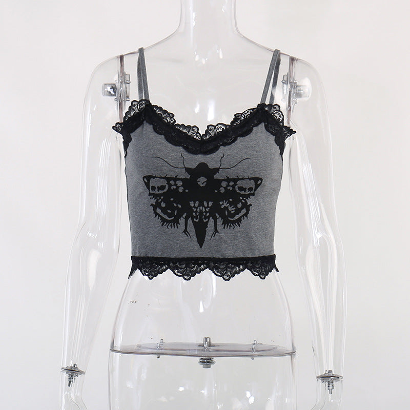 Black Gothic Moth Print Strap Top LL22011
