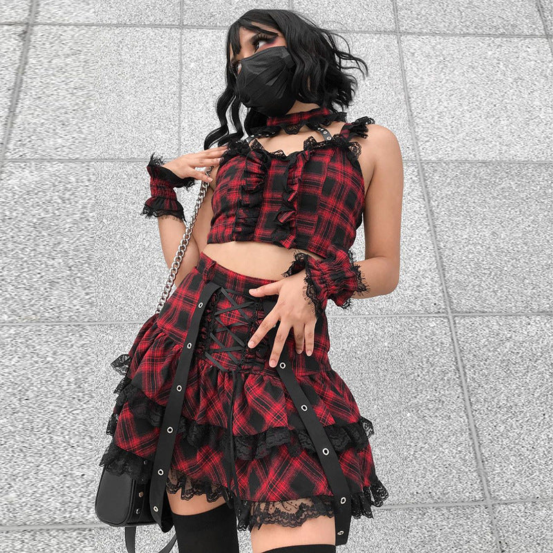 Punk Style Plaid Top & Skirt Set JY21550