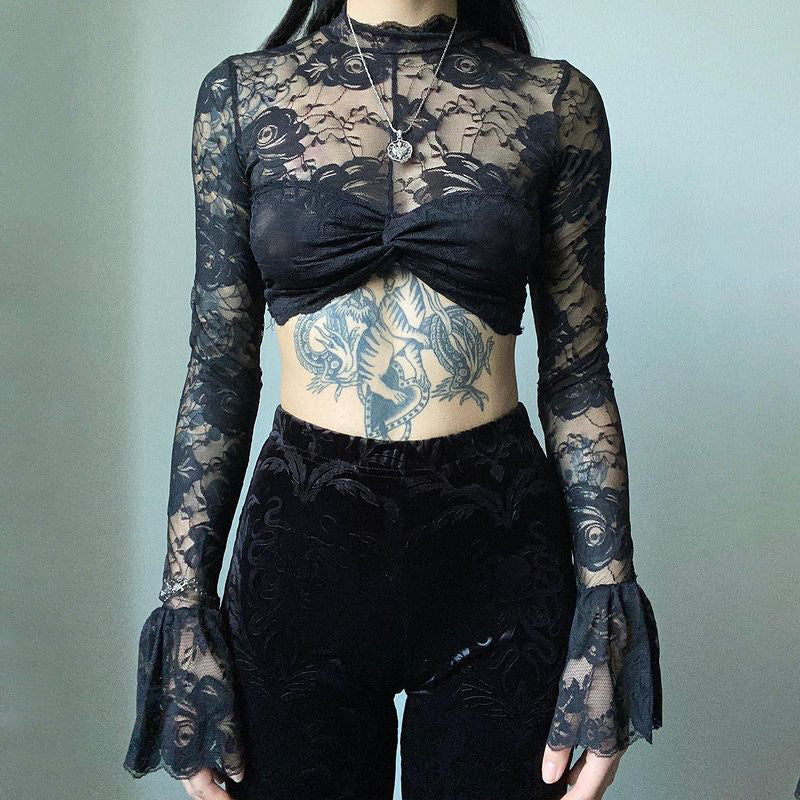 Gothic Black Rose Lace Crop Top CF23079