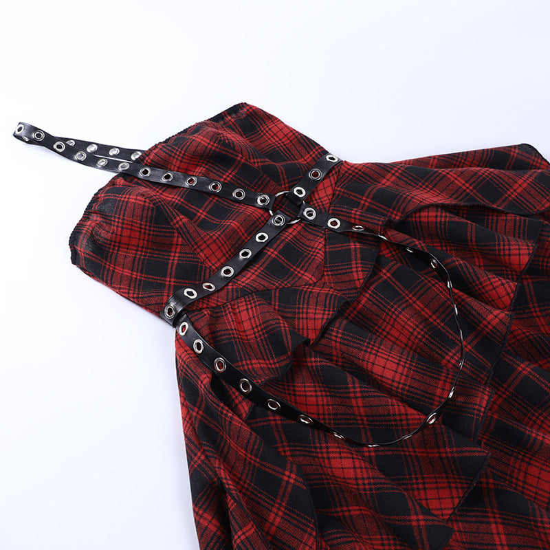 Punk Style Red Plaid Strapless Dress CC22242