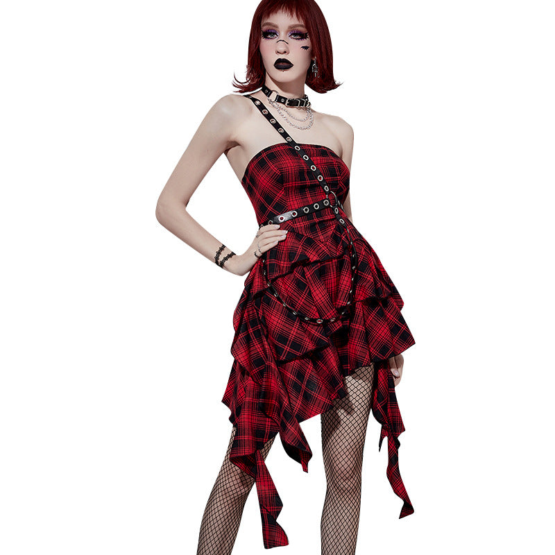 Punk Style Red Plaid Strapless Dress CC22242