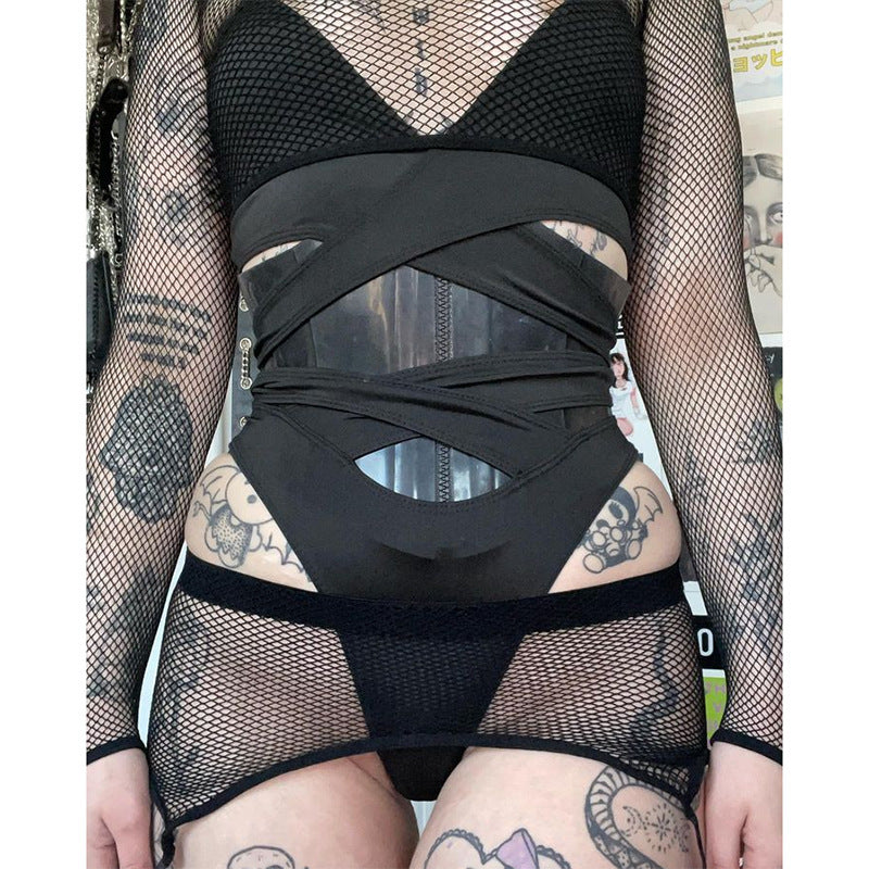 Gothic Black Cross Straps Bodysuit WY22041