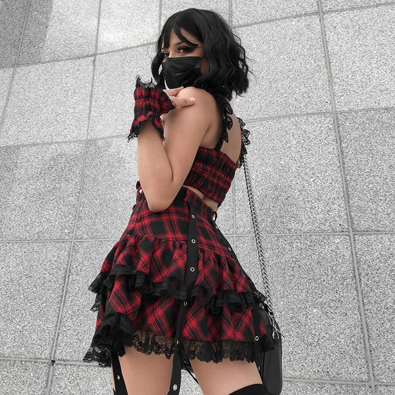 Punk Style Plaid Top & Skirt Set JY21550