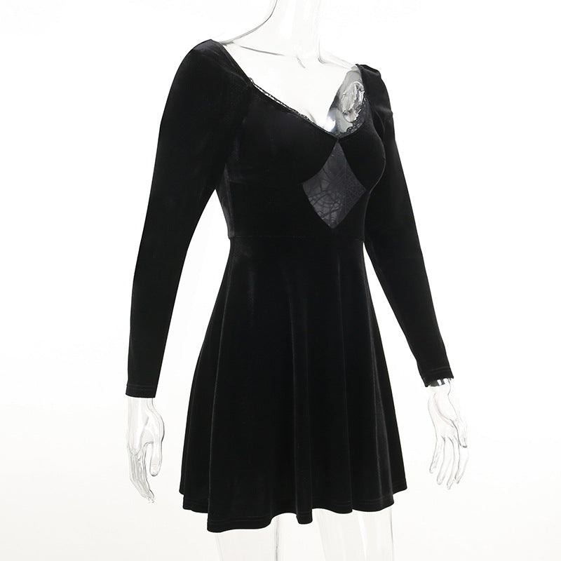 Gothic Style Velvet Spider Web Long Sleeve Dress JY22298
