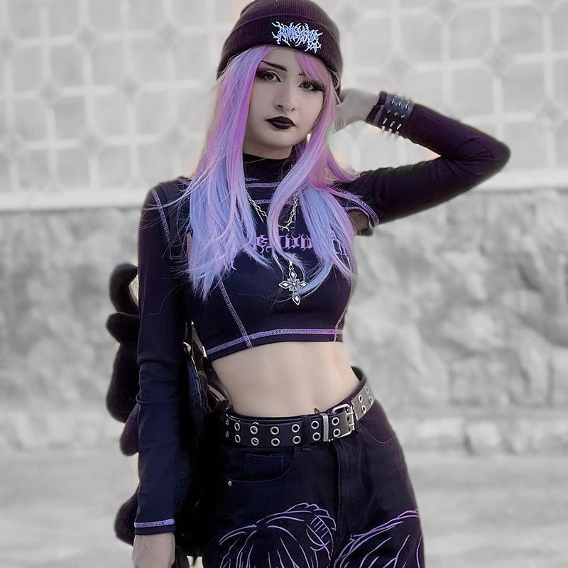 Punk Style Black Long Sleeve Fake Two Piece Crop Top YL22073
