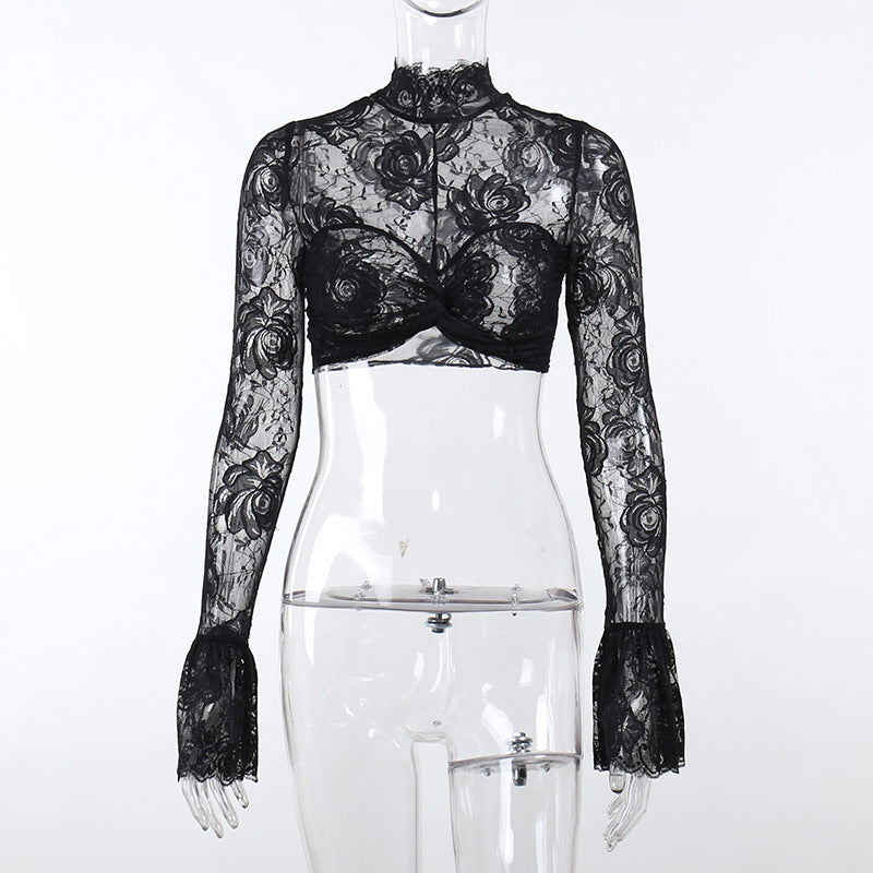 Gothic Black Rose Lace Crop Top CF23079