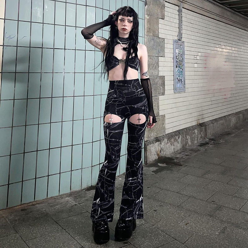 Gothic Printed Hollow Out Flare Pants CF23077