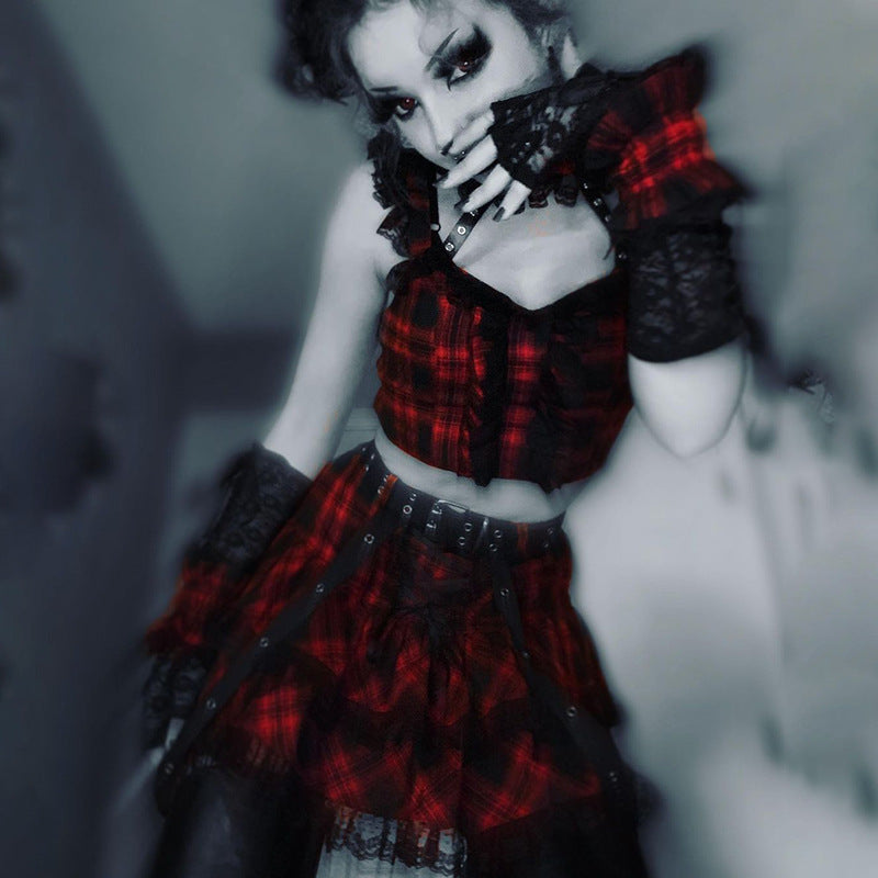 Punk Style Plaid Top & Skirt Set JY21550
