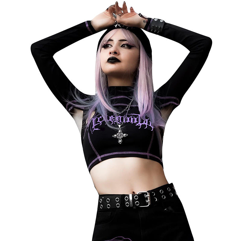 Punk Style Black Long Sleeve Fake Two Piece Crop Top YL22073