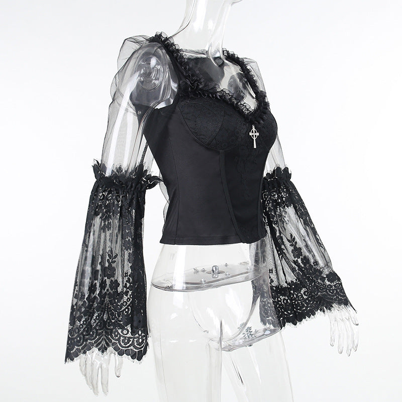 Black Lace Sleeve Gothic Long Sleeve Top HY21507