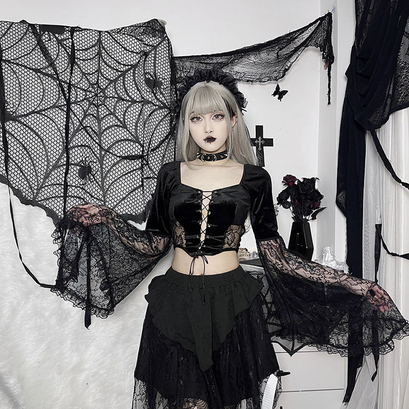 Black Gothic Lace Long Sleeve Corset Crop Top JY22491