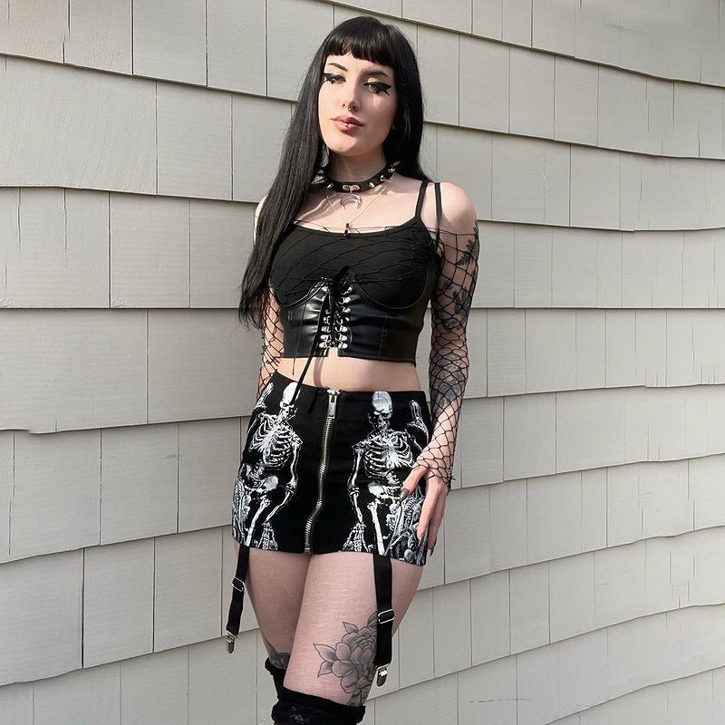 Black Skull Print Gothic Skirt CF23016