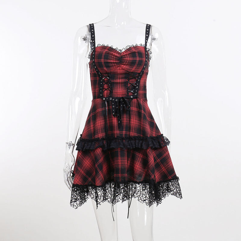 Red Tartan Punk Style Strappy Dress CC22121