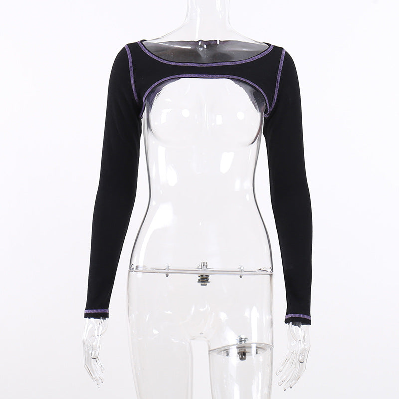 Punk Style Black Long Sleeve Fake Two Piece Crop Top YL22073