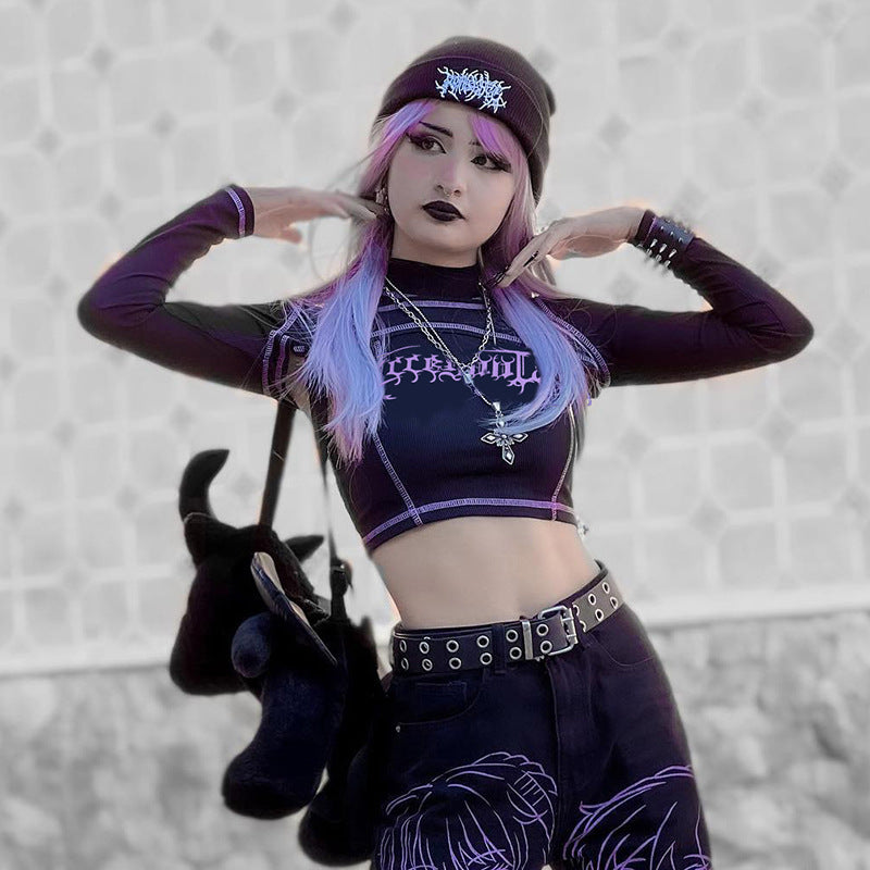 Punk Style Black Long Sleeve Fake Two Piece Crop Top YL22073