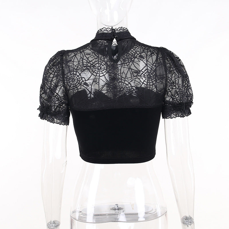 Gothic Spider Web Short Sleeve Crop Top CF23024