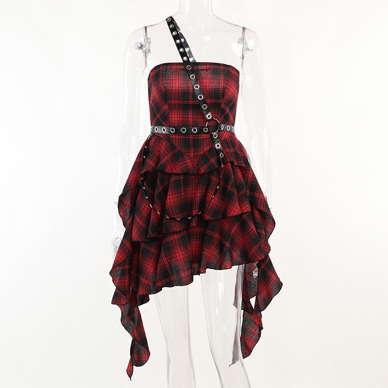 Punk Style Red Plaid Strapless Dress CC22242
