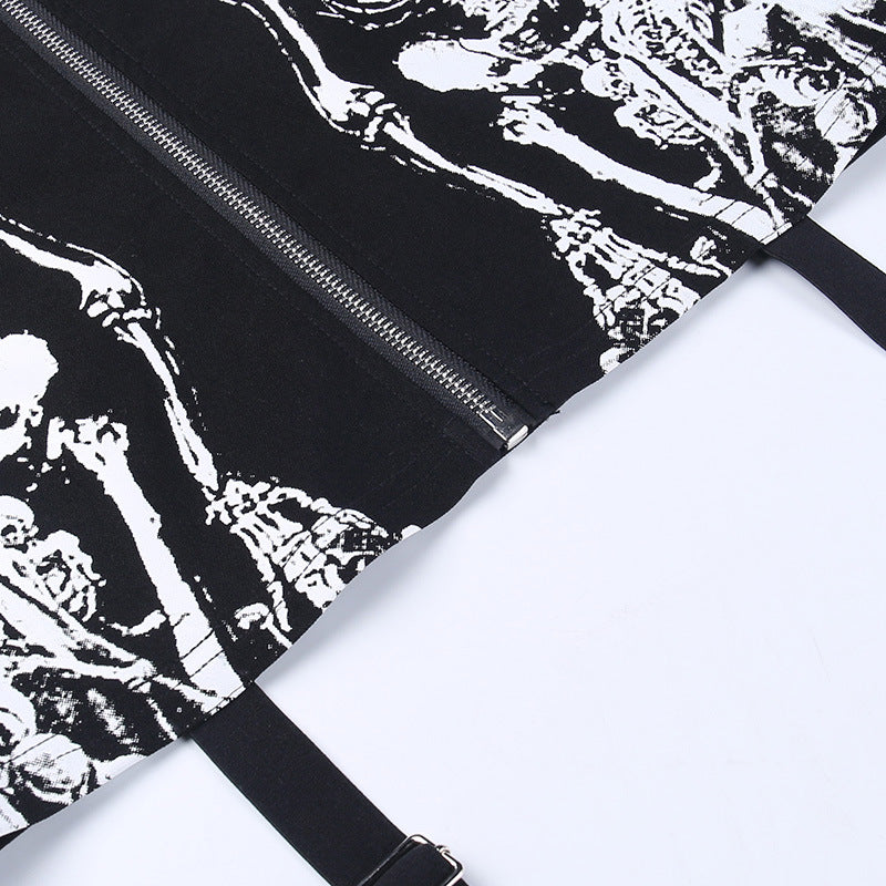 Black Skull Print Gothic Skirt CF23016