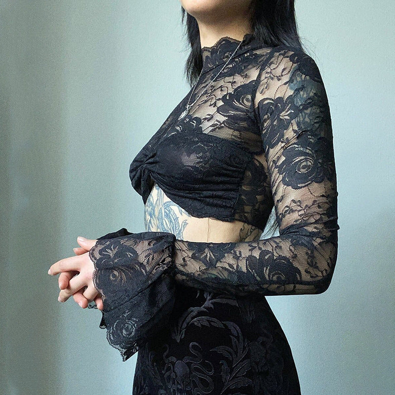 Gothic Black Rose Lace Crop Top CF23079