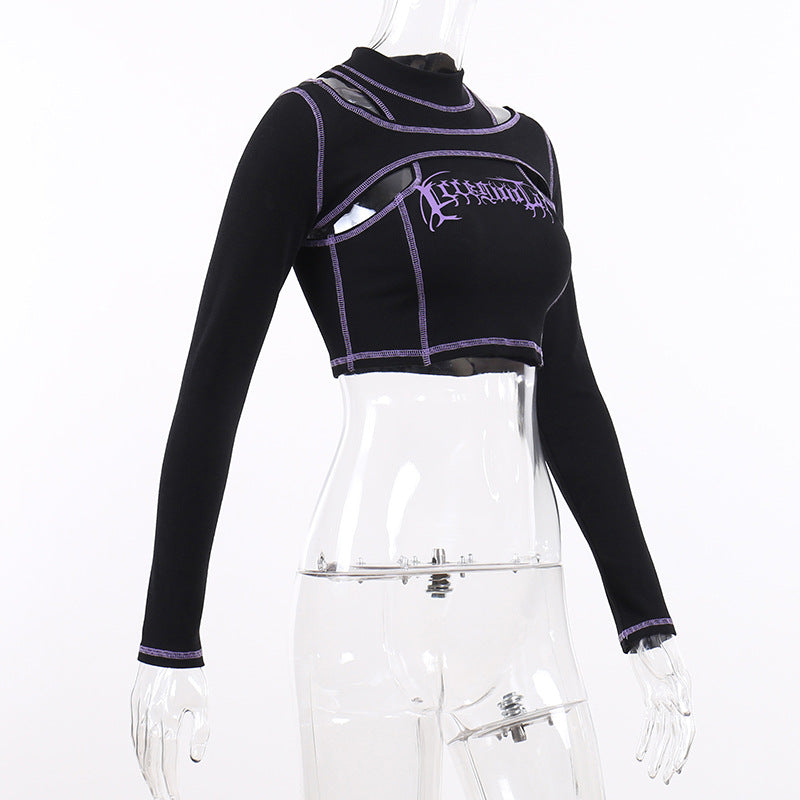 Punk Style Black Long Sleeve Fake Two Piece Crop Top YL22073