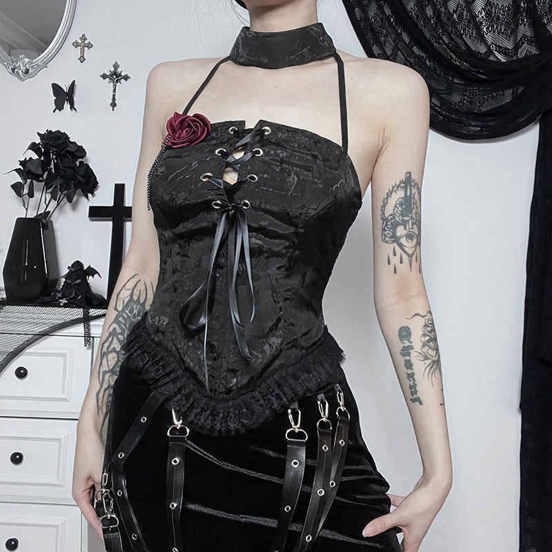 Gothic Black Rose Corset Halter Top CF22252