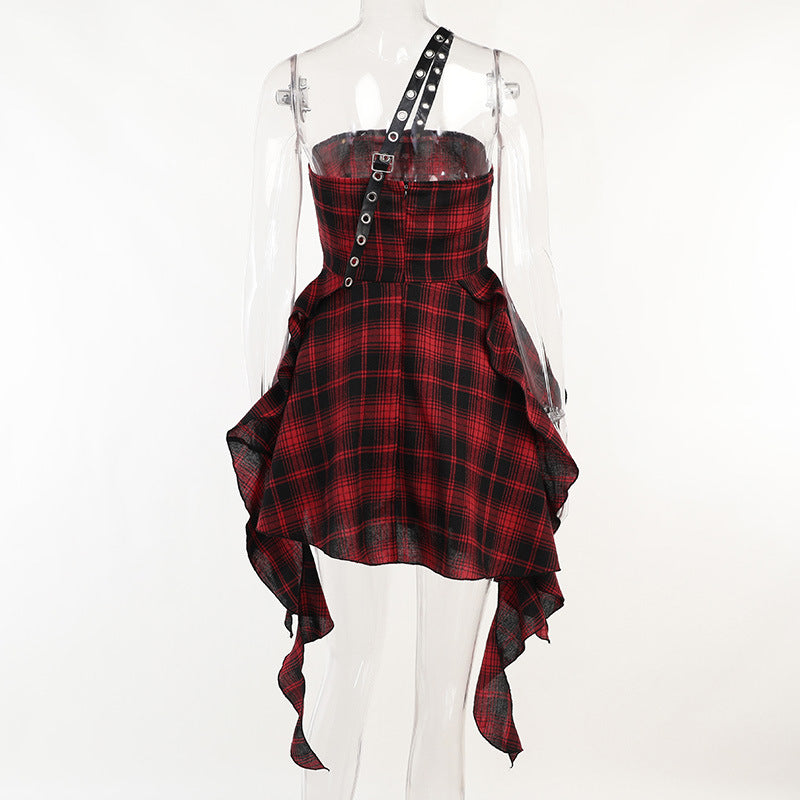 Punk Style Red Plaid Strapless Dress CC22242