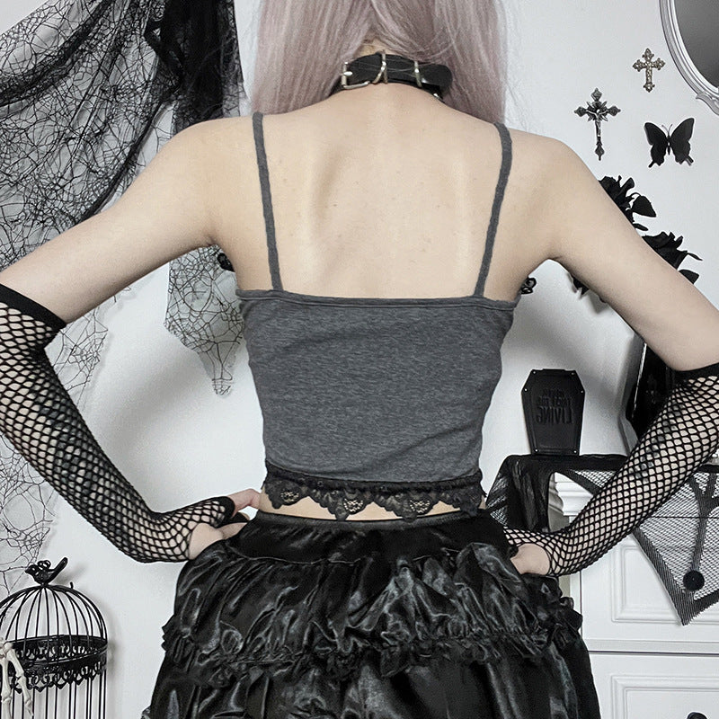 Black Gothic Moth Print Strap Top LL22011