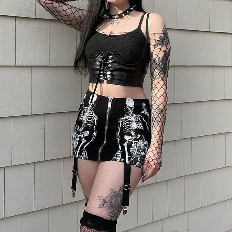 Black Skull Print Gothic Skirt CF23016