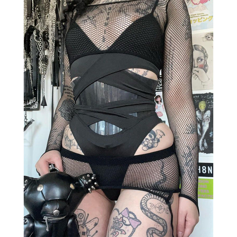 Gothic Black Cross Straps Bodysuit WY22041