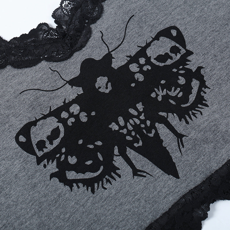 Black Gothic Moth Print Strap Top LL22011
