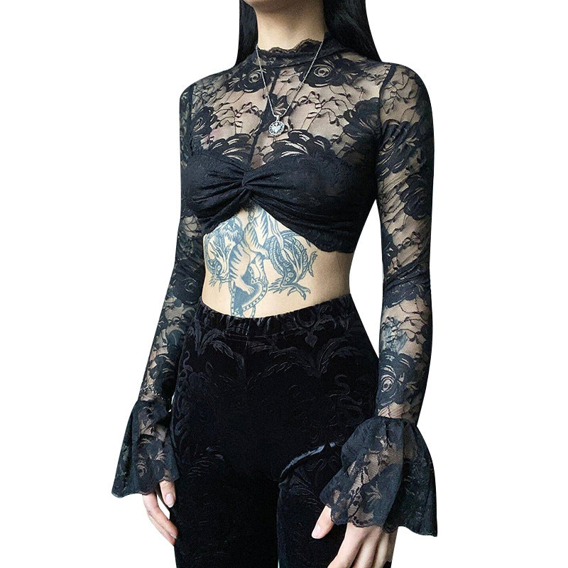 Gothic Black Rose Lace Crop Top CF23079
