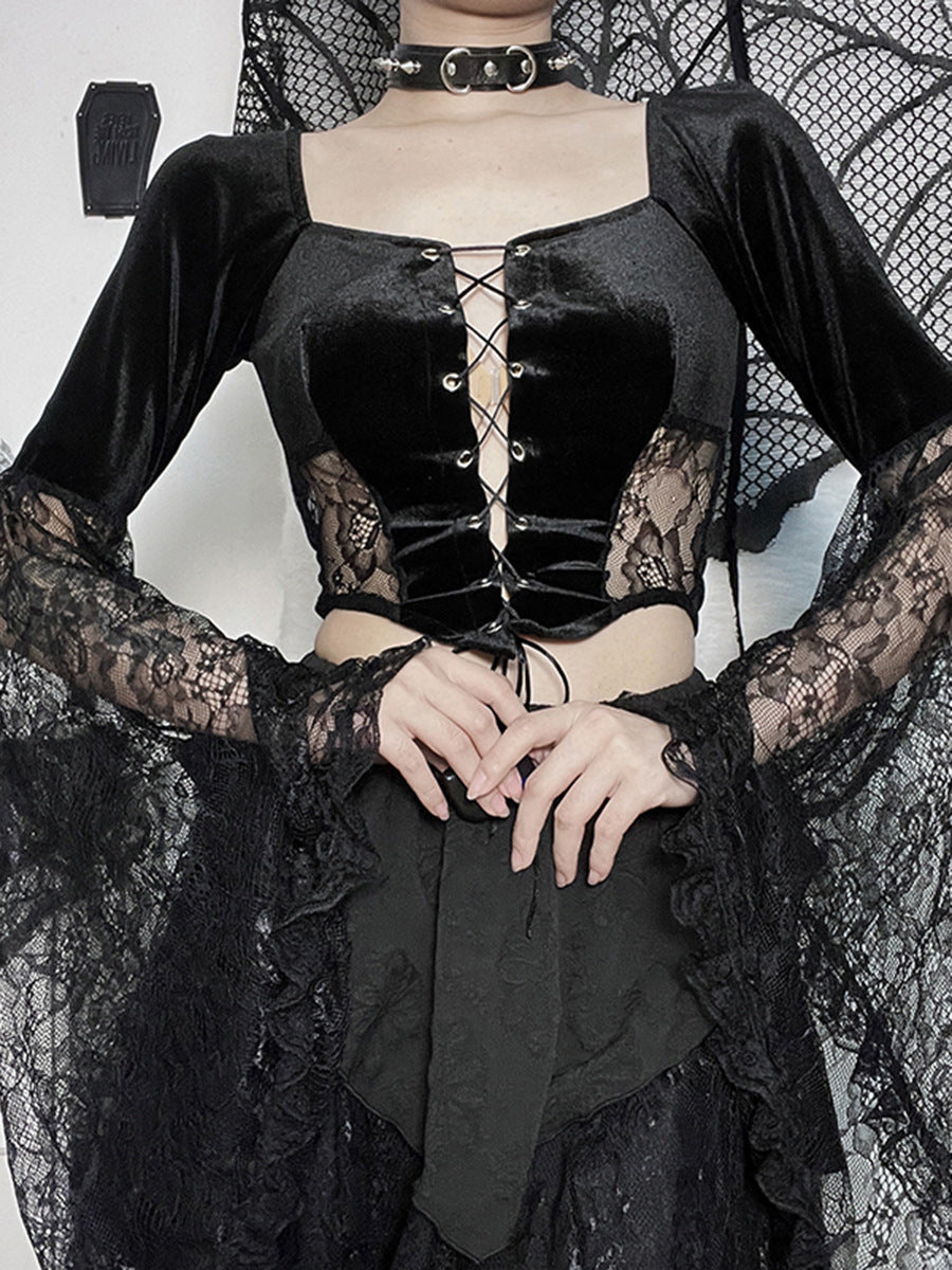 Black Gothic Lace Long Sleeve Corset Crop Top JY22491