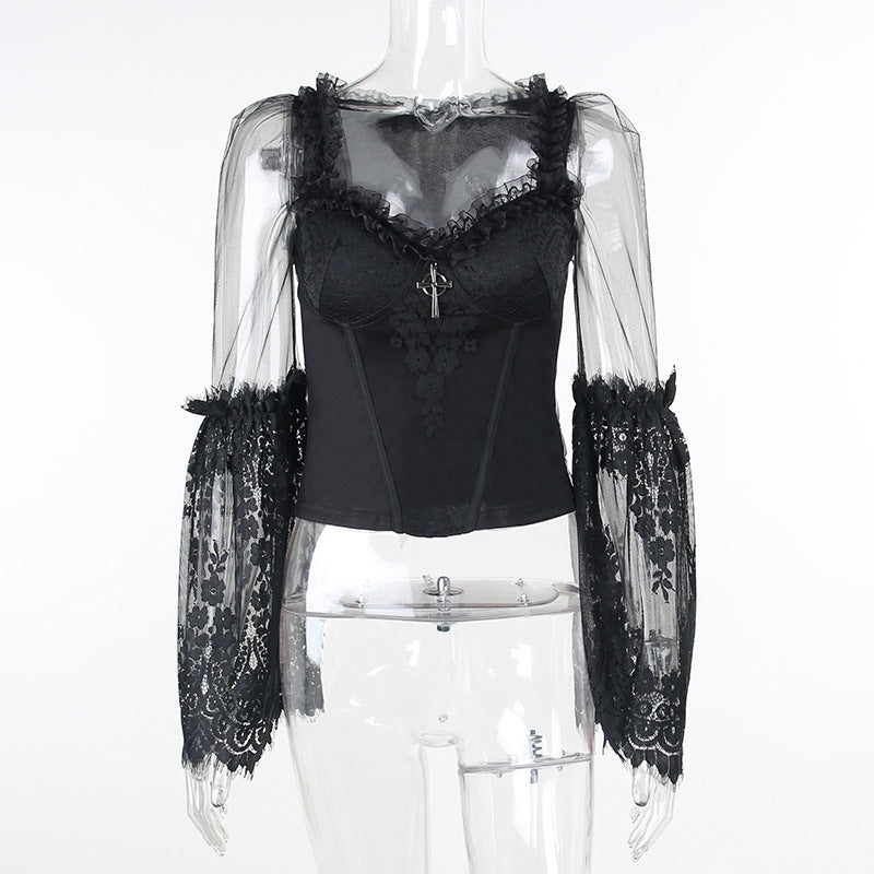 Black Lace Sleeve Gothic Long Sleeve Top HY21507
