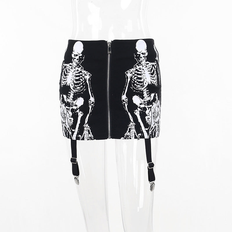 Black Skull Print Gothic Skirt CF23016